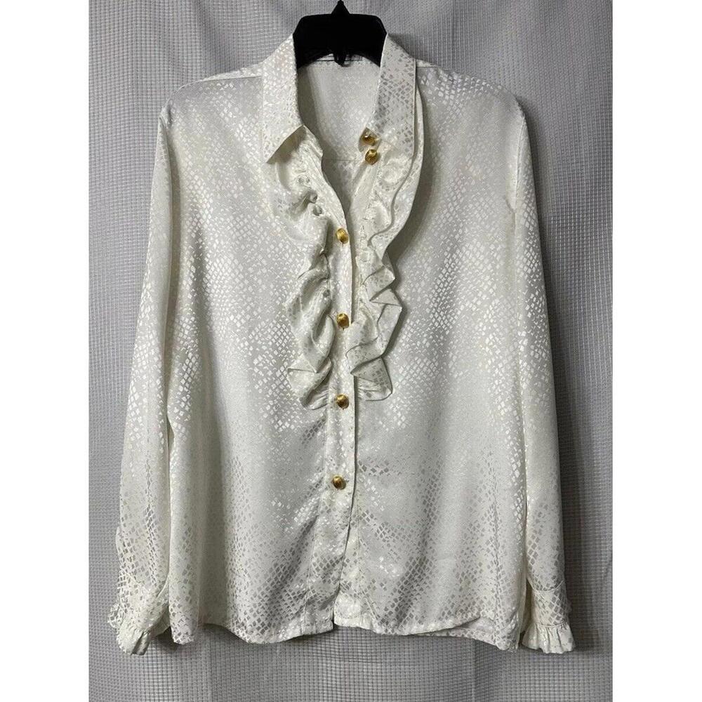 Vintage Mario Rosella‎ Womens Long Sleeve White Gold Button Top Blouse Shirt 40